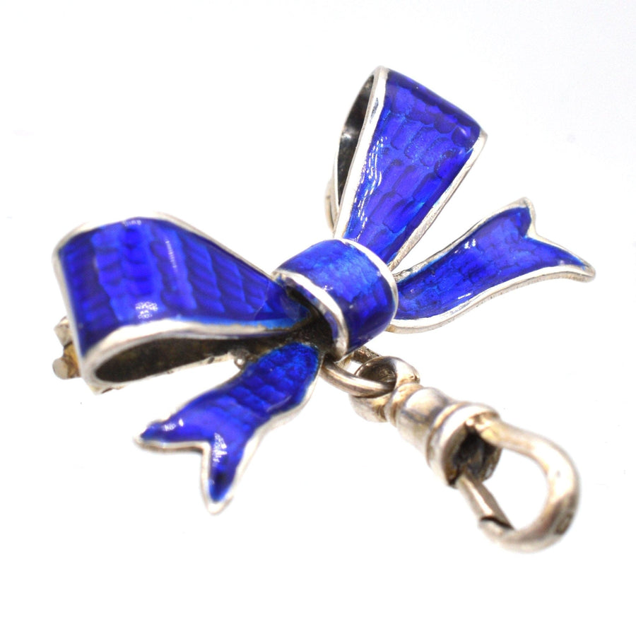 Edwardian Royal Blue Guilloché Enamel and Silver Bow Brooch with Dog Clip | Parkin and Gerrish | Antique & Vintage Jewellery