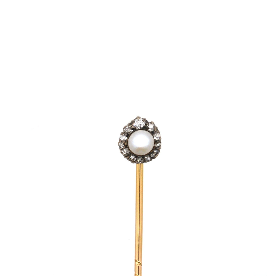 Edwardian Silver and 15ct Gold, Natural Pearl and Old Mine Cut Diamond Cluster Tie Pin | Parkin and Gerrish | Antique & Vintage Jewellery