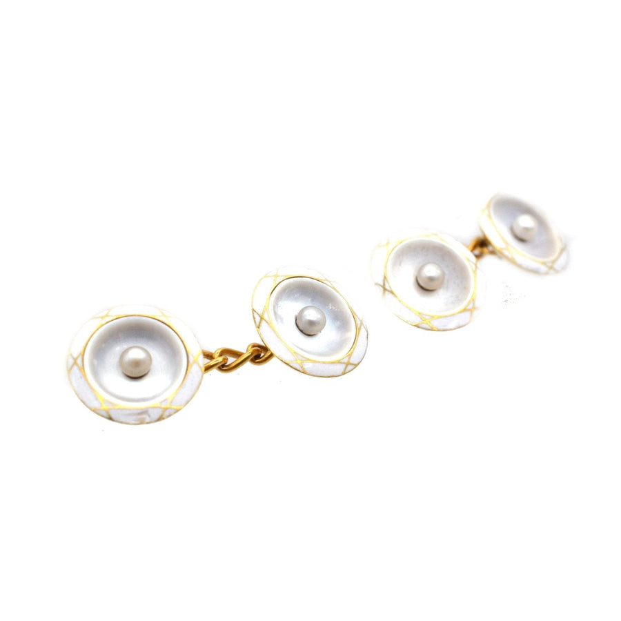 French 18ct Gold, Enamel, Pearl and Mother of Pearl Cufflinks | Parkin and Gerrish | Antique & Vintage Jewellery