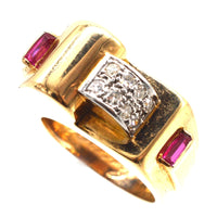 French 1940s Retro 18ct Gold & Platinum Diamond and Ruby Buckle Ring | Parkin and Gerrish (UK)