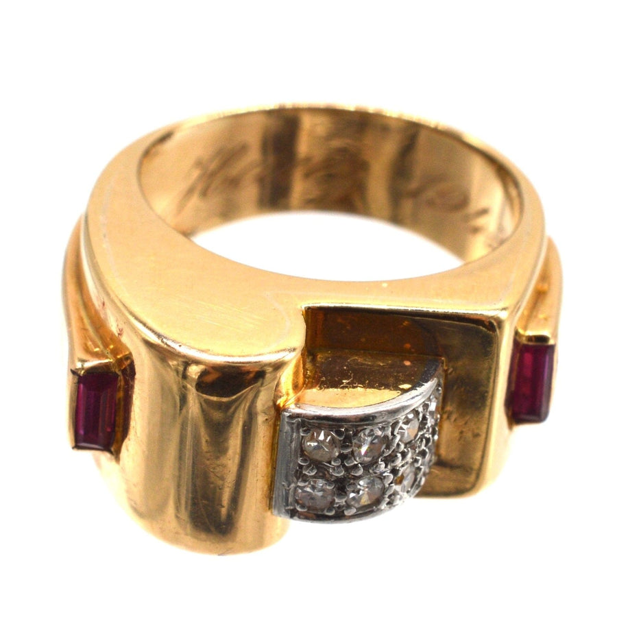 French 1940s Retro 18ct Gold & Platinum Diamond and Ruby Tank Ring | Parkin and Gerrish | Antique & Vintage Jewellery