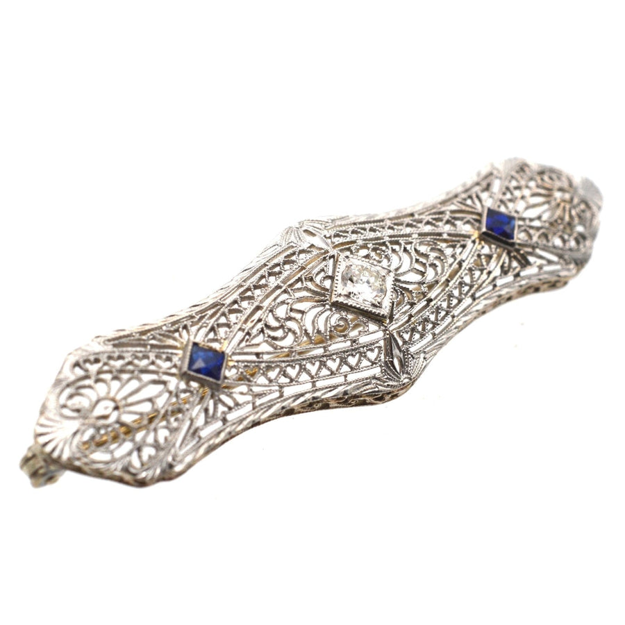 French Art Deco 14ct Gold Sapphire and Diamond Bar Brooch | Parkin and Gerrish | Antique & Vintage Jewellery