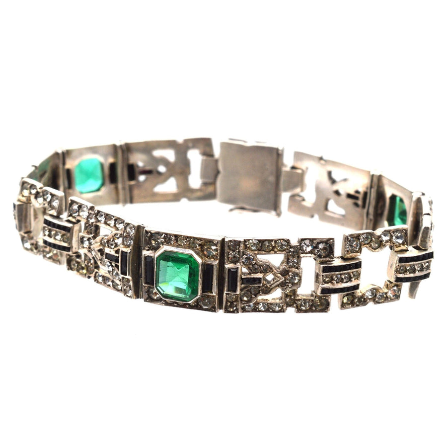 French Art Deco Emerald, Diamand and Onyx Paste Bracelet | Parkin and Gerrish | Antique & Vintage Jewellery
