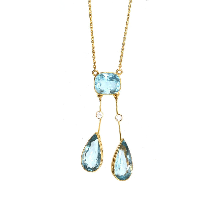 French Belle Epoque 18ct Gold, Aquamarine Double Drop Negligee Lavalliere Pendant Necklace | Parkin and Gerrish | Antique & Vintage Jewellery