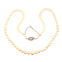 French Belle Epoque 18ct White Gold Cultured Pearl Single Strand Necklace with Diamond Clasp | Parkin and Gerrish (UK)
