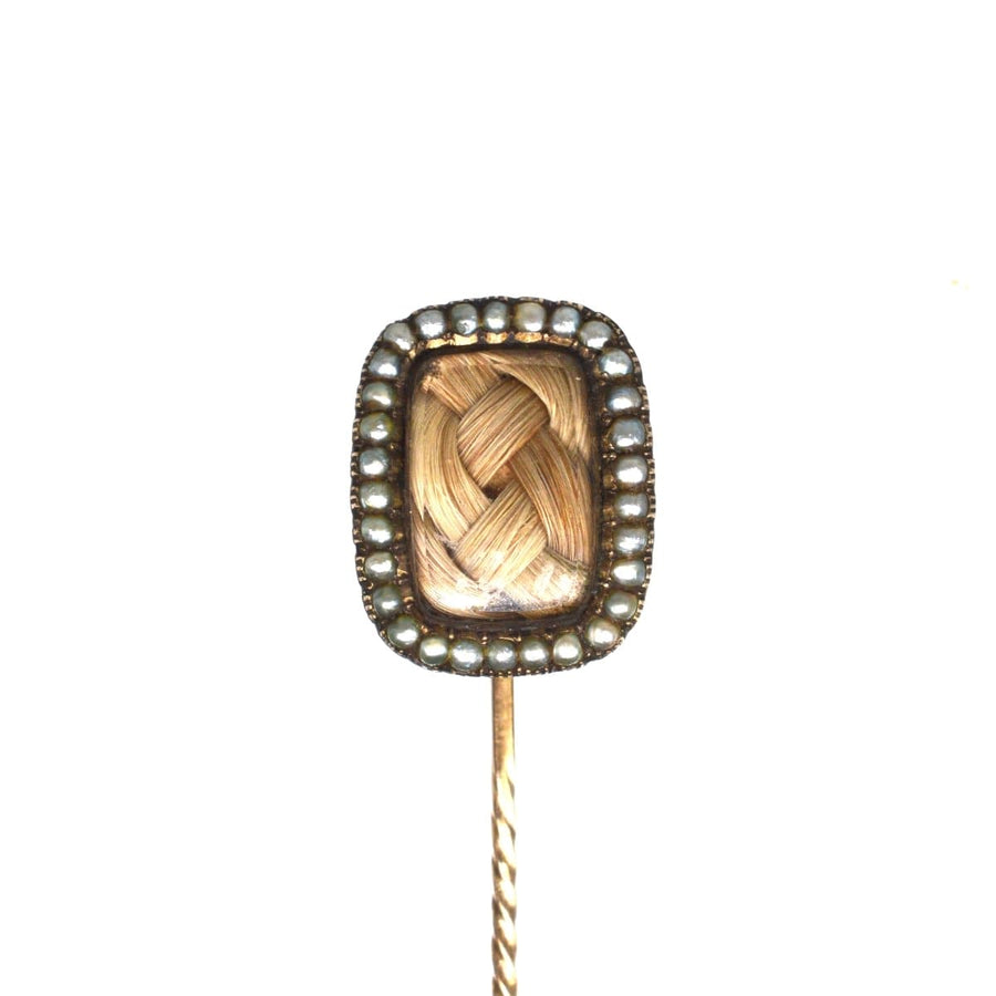 Georgian 9ct Gold Mourning Tie Pin with Seed Pearls and Woven Hair | Parkin and Gerrish | Antique & Vintage Jewellery