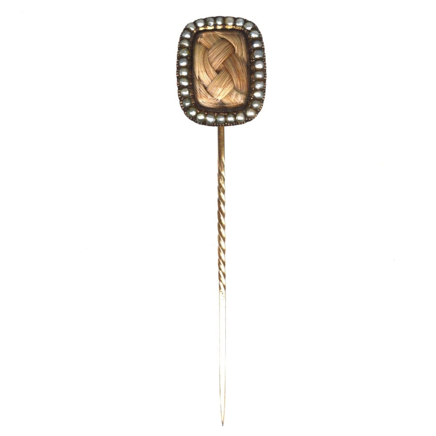Georgian 9ct Gold Mourning Tie Pin with Seed Pearls and Woven Hair | Parkin and Gerrish | Antique & Vintage Jewellery