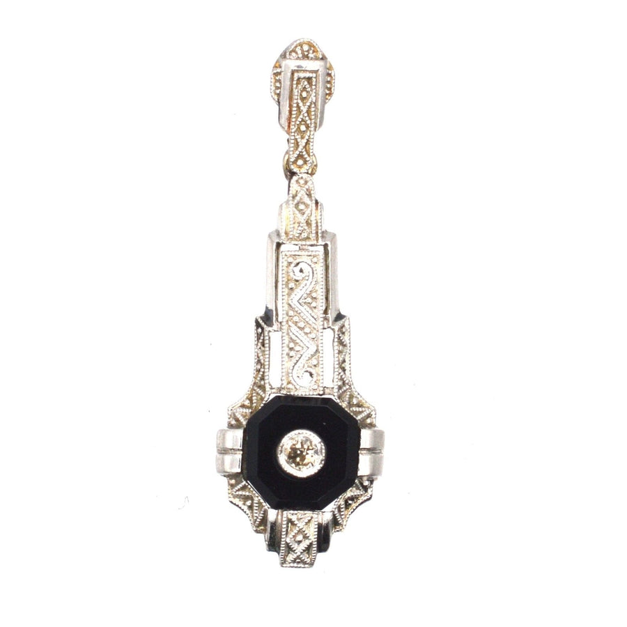 German Art Deco 18ct White Gold Onyx and Diamond Pendant | Parkin and Gerrish | Antique & Vintage Jewellery