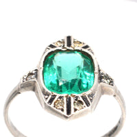 German Art Deco Silver Green 'Emerald' Paste, 'White 'Diamond' Paste & Black Enamel 'Onyx' Cocktail Ring | Parkin and Gerrish (UK)