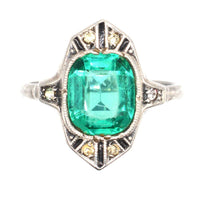 German Art Deco Silver Green 'Emerald' Paste, 'White 'Diamond' Paste & Black Enamel 'Onyx' Cocktail Ring | Parkin and Gerrish (UK)