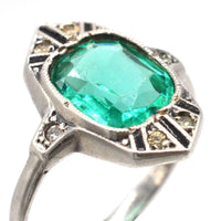 German Art Deco Silver Green 'Emerald' Paste, 'White 'Diamond' Paste & Black Enamel 'Onyx' Cocktail Ring | Parkin and Gerrish (UK)