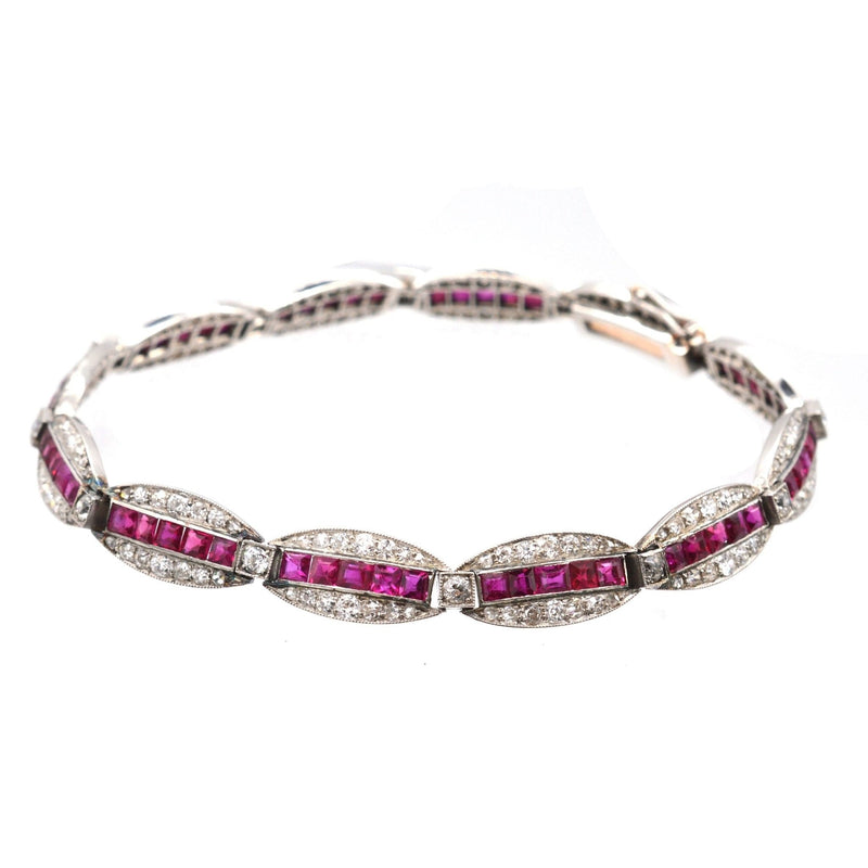 Imperial Russian 1910s 18ct Gold and Platinum, Burma Ruby and Old European Cut Diamond Bracelet