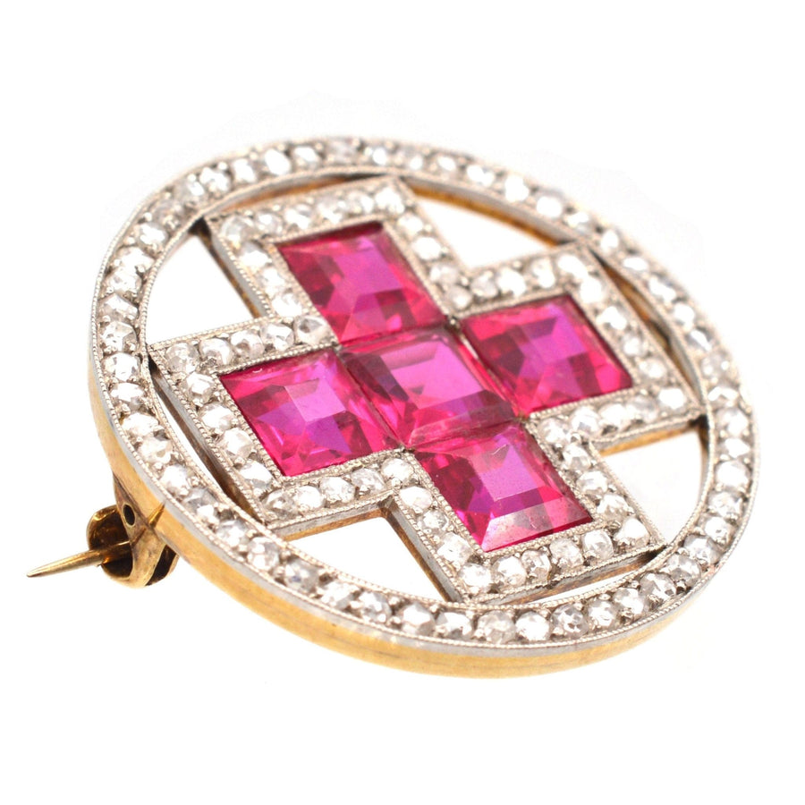 Imperial Russian 1910s 18ct Gold and Platinum, Synthetic Ruby and Rose Cut Diamond Red Russian Cross Brooch | Parkin and Gerrish | Antique & Vintage Jewellery