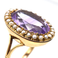 Large Edwardian 15ct Gold, Amethyst & Natural Split Pearl Cocktail Ring | Parkin and Gerrish (UK)