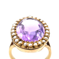 Large Edwardian 15ct Gold, Amethyst & Natural Split Pearl Cocktail Ring | Parkin and Gerrish (UK)