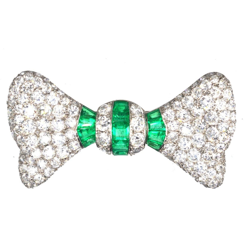 Large French Art Deco Platinum Diamond and Emerald Bow Brooch