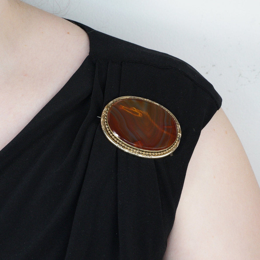 Large Scottish Victorian 9ct Gold Banded Agate Brooch | Parkin and Gerrish | Antique & Vintage Jewellery