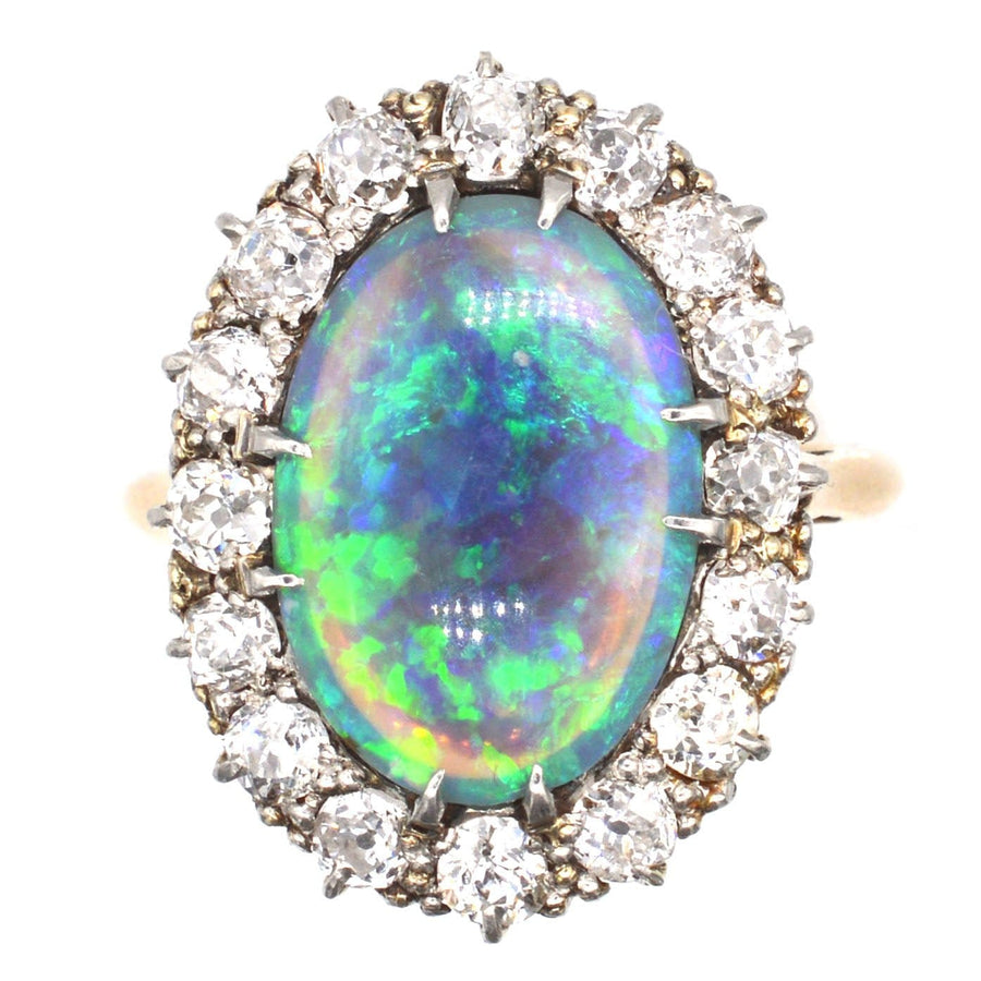 Large Victorian 18ct Gold Black Opal & Diamond Cluster Ring | Parkin and Gerrish | Antique & Vintage Jewellery