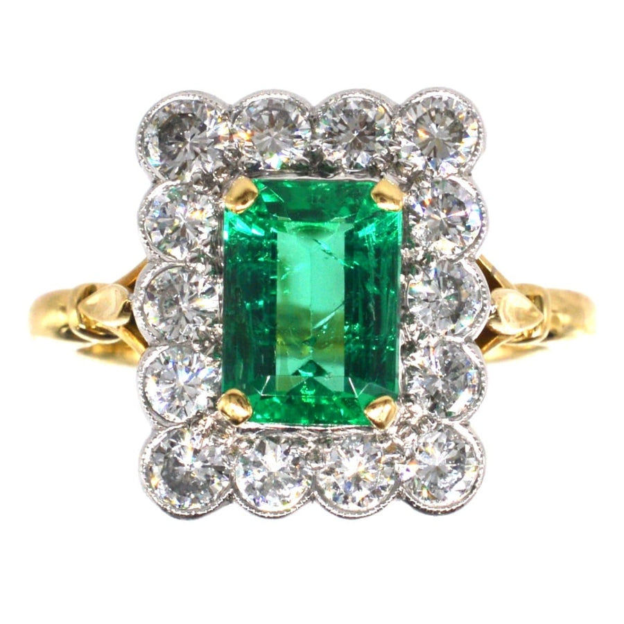 Large Vintage 18ct Gold & Platinum, Certificated Emerald and Diamond Rectangular Cluster Ring | Parkin and Gerrish | Antique & Vintage Jewellery