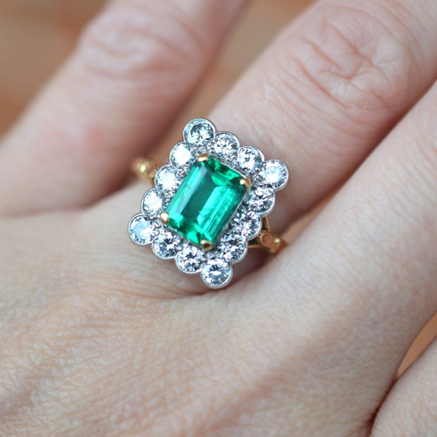 Large Vintage 18ct Gold & Platinum, Certificated Emerald and Diamond Rectangular Cluster Ring | Parkin and Gerrish | Antique & Vintage Jewellery