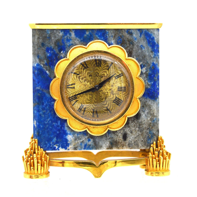 Late 1960s French 18ct Gold Lapis Lazuli Mantlepiece Clock by de Brysal in Original Case