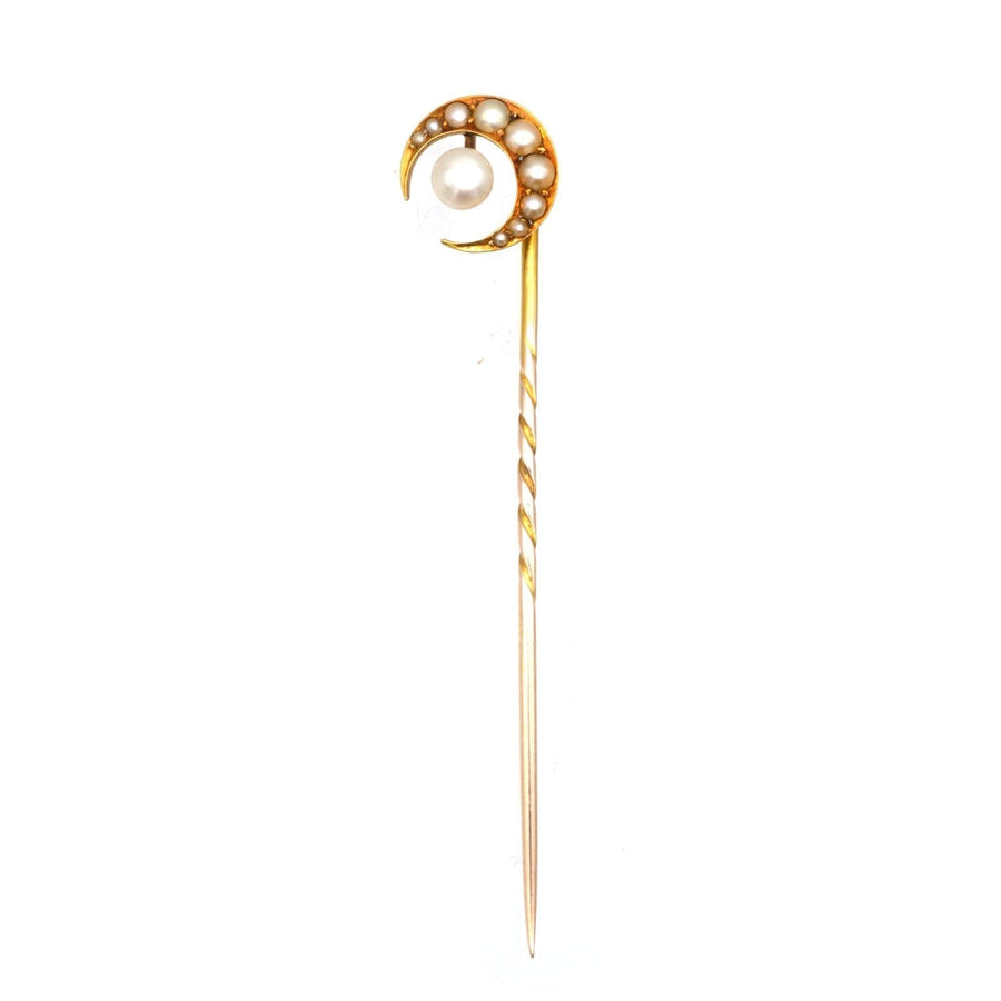 Late Victorian 15ct Gold and Split Pearl Crescent Moon Tie Pin | Parkin and Gerrish | Antique & Vintage Jewellery