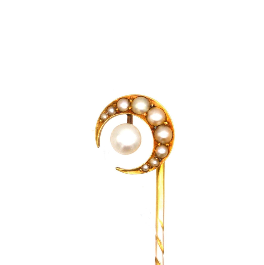 Late Victorian 15ct Gold and Split Pearl Crescent Moon Tie Pin | Parkin and Gerrish | Antique & Vintage Jewellery