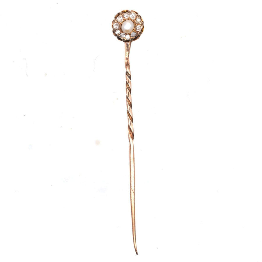 Late Victorian 15ct Gold Natural Pearl and Diamond Cluster Tie Pin | Parkin and Gerrish | Antique & Vintage Jewellery