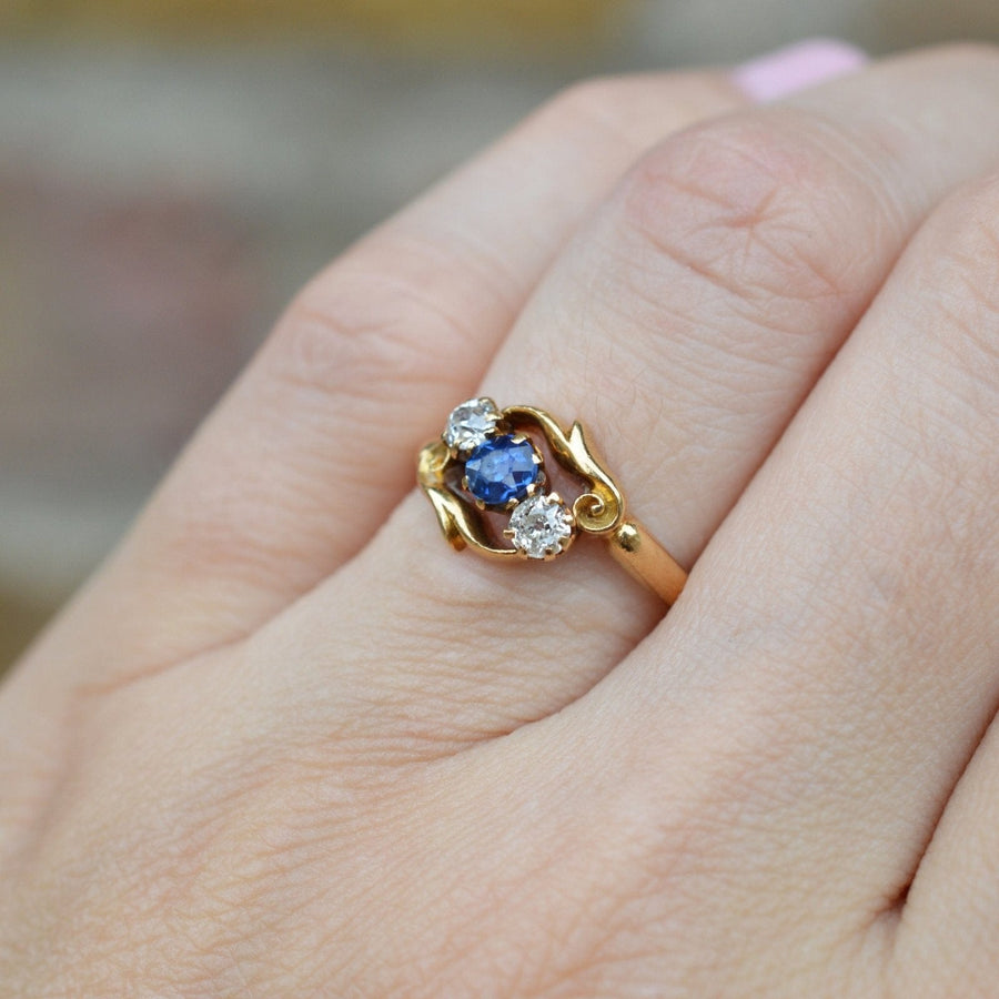 Late Victorian 18ct Gold, Sapphire and Diamond Three Stone Crossover Ring | Parkin and Gerrish | Antique & Vintage Jewellery