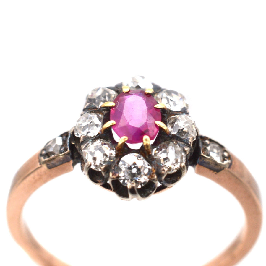 Late Victorian Sliver & 15ct Rose Gold, Burma Ruby & Old Mine Cut Diamond Cluster Ring | Parkin and Gerrish | Antique & Vintage Jewellery