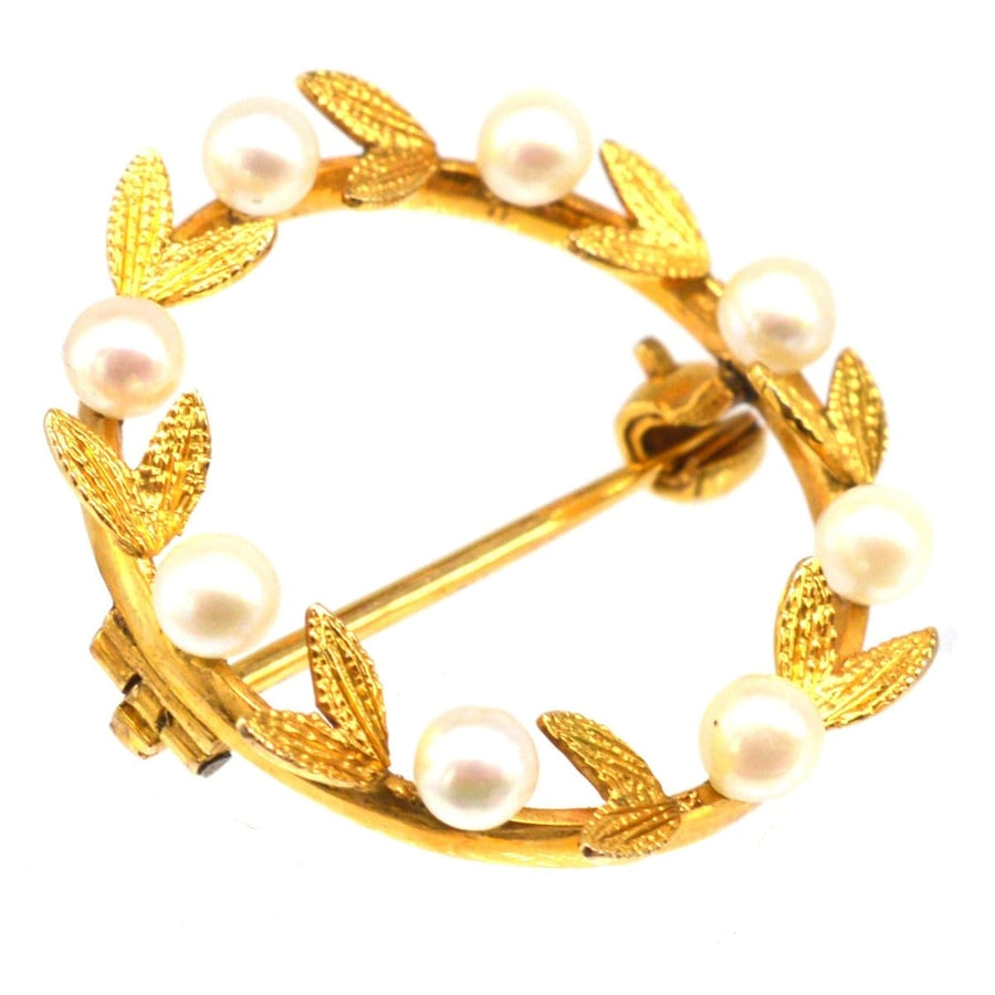 Mid 20th Century Gold and Cultured Pearl Laurel Wreath Brooch | Parkin and Gerrish | Antique & Vintage Jewellery