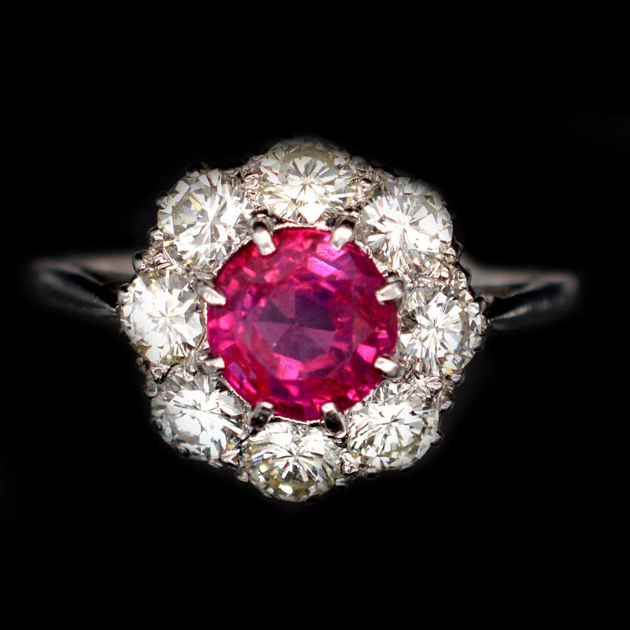 Mid 20th Century Platinum, 1.7 Carat Burma Ruby & Diamond Cluster Ring | Parkin and Gerrish | Antique & Vintage Jewellery