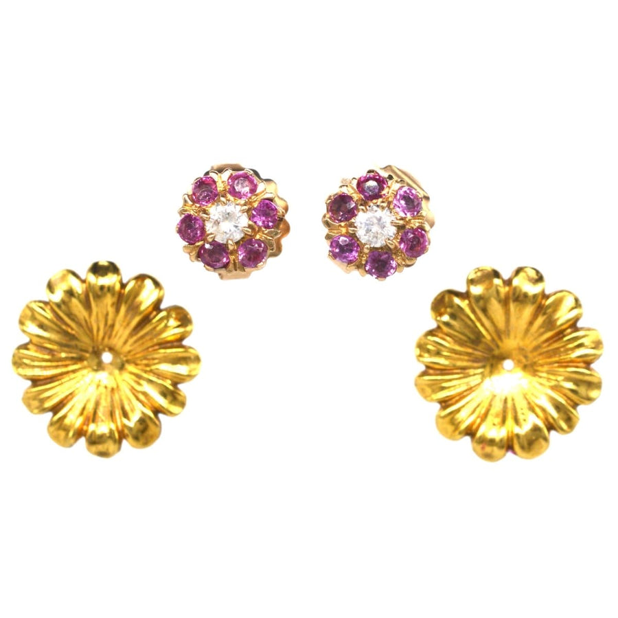 Mid Century 10ct Gold Ruby and Diamond Cluster Earrings with detachable Gold Flower Petal Jacket | Parkin and Gerrish | Antique & Vintage Jewellery