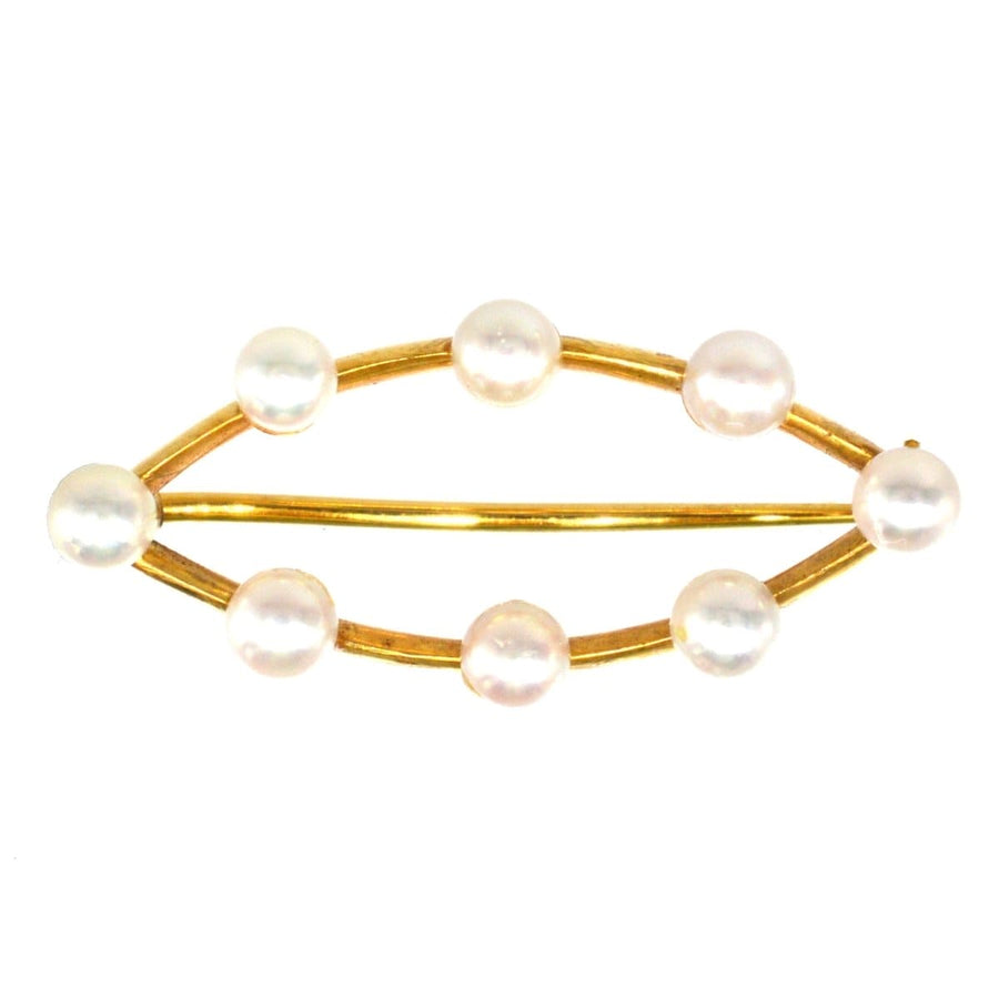 Mid Century 9ct Gold Marquise Bar Brooch With Eight Cultured Pearls | Parkin and Gerrish | Antique & Vintage Jewellery