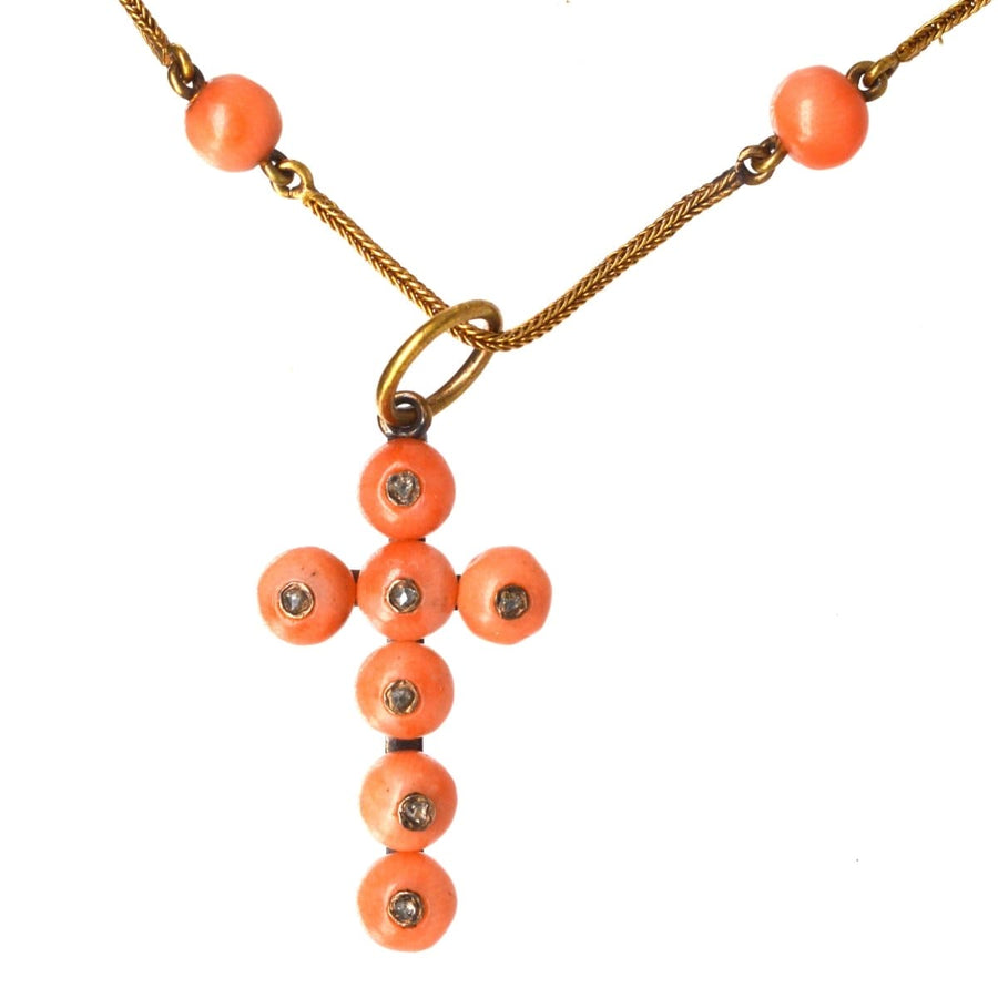 Mid Victorian 15ct Gold Coral Chain Necklace with Coral and Diamond Cross Pendant | Parkin and Gerrish | Antique & Vintage Jewellery