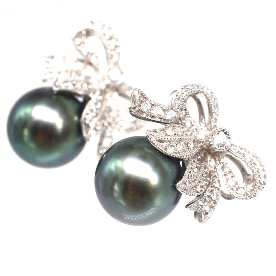Modern Diamond Bow and Tahitian Cultured Black Pearl Stud Earrings | Parkin and Gerrish | Antique & Vintage Jewellery