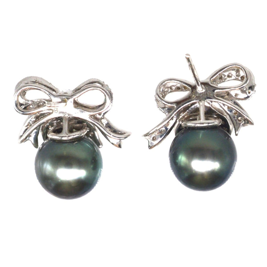 Modern Diamond Bow and Tahitian Cultured Black Pearl Stud Earrings | Parkin and Gerrish | Antique & Vintage Jewellery