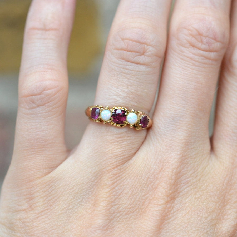Regency 15ct Gold, Garnet and Opal, Five Stone Ring | Parkin and Gerrish | Antique & Vintage Jewellery