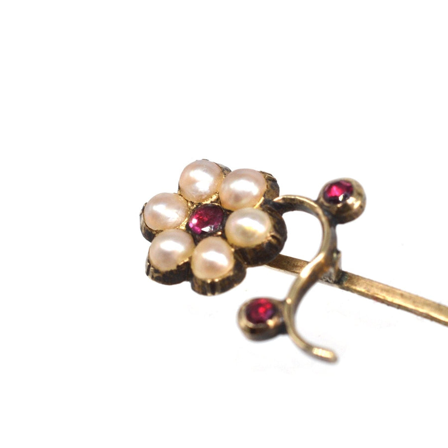 Regency 9ct Gold Split Pearl and Garnet Flower Tie Pin | Parkin and Gerrish | Antique & Vintage Jewellery