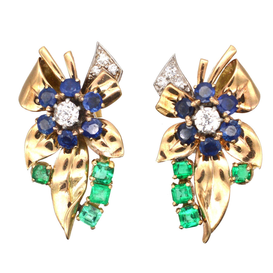Retro 1940s 18ct Gold Tutti Frutti Earrings with Emerald, Diamond and Sapphire | Parkin and Gerrish | Antique & Vintage Jewellery