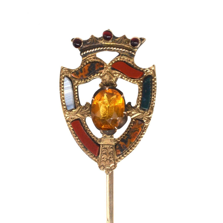 Scottish 9ct Gold Luckenbooth Shield Tie Pin with a Cairngorm Citrine | Parkin and Gerrish | Antique & Vintage Jewellery