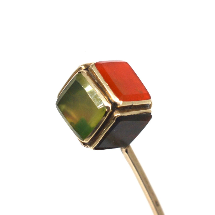 Scottish Victorian 9ct Gold Cube Tie Pin with Bloodstone, Chalcedony, Carnelian | Parkin and Gerrish | Antique & Vintage Jewellery