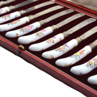 Set of 12 Late 19th Century Thomas Goode Silver Cutlery with Painted Meissen Porcelain Handles in Original Cases | Parkin and Gerrish (UK)