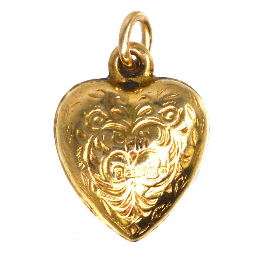 Small 1960s 9ct Gold Puffy Heart Pendant Charm with Decorated Scrolls | Parkin and Gerrish | Antique & Vintage Jewellery