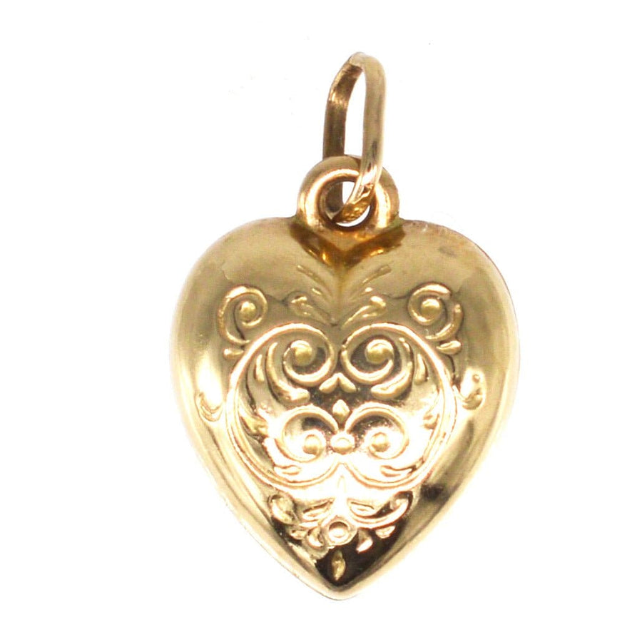 Small Vintage 9ct Gold Puffy Heart Pendant Charm with Decorated Scrolls | Parkin and Gerrish | Antique & Vintage Jewellery