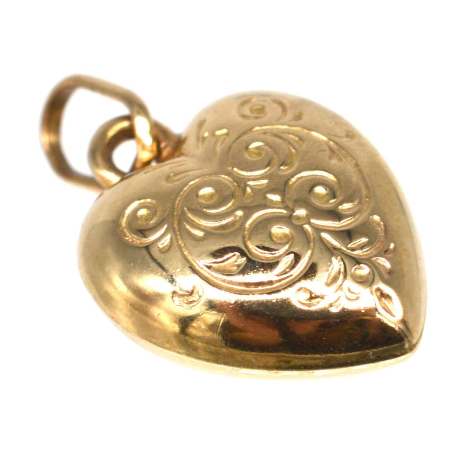 Small Vintage 9ct Gold Puffy Heart Pendant Charm with Decorated Scrolls | Parkin and Gerrish | Antique & Vintage Jewellery