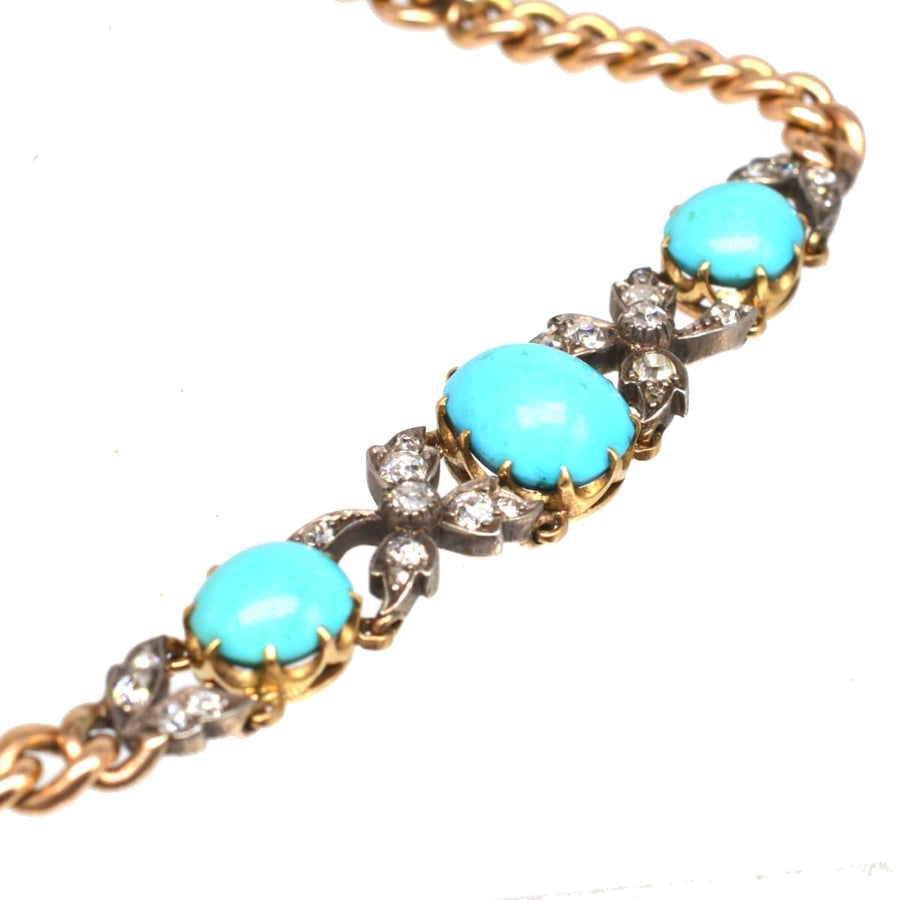 Victorian 15ct Gold and Silver Turquoise and Diamond Curb Bracelet | Parkin and Gerrish | Antique & Vintage Jewellery