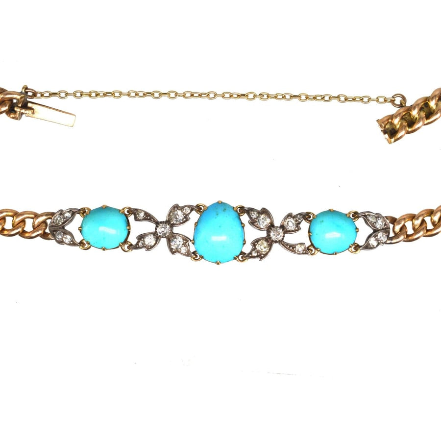 Victorian 15ct Gold and Silver Turquoise and Diamond Curb Bracelet | Parkin and Gerrish | Antique & Vintage Jewellery