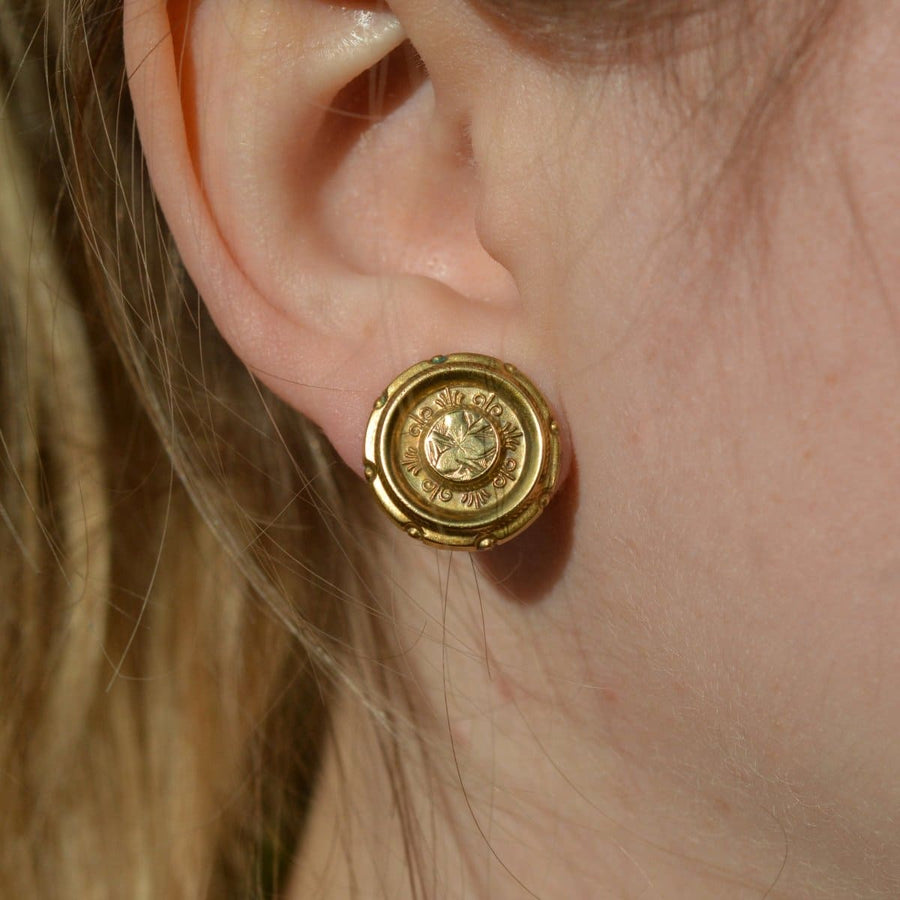 Victorian 15ct Gold Round Etruscan Style Earrings | Parkin and Gerrish | Antique & Vintage Jewellery