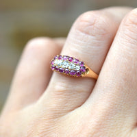 Victorian 18ct Gold, Boat Shaped Five Stone Diamond and Ruby Cluster Ring | Parkin and Gerrish (UK)